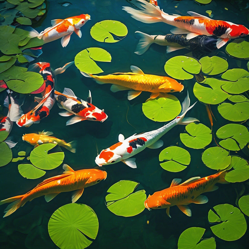 Group of colourful koi carp swimming among green lily pads in a clear outdoor pond