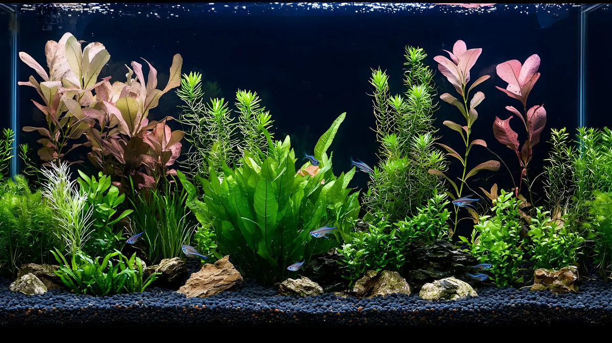 Tropical freshwater aquarium with dense aquatic plants, rockscape, and small schooling fish